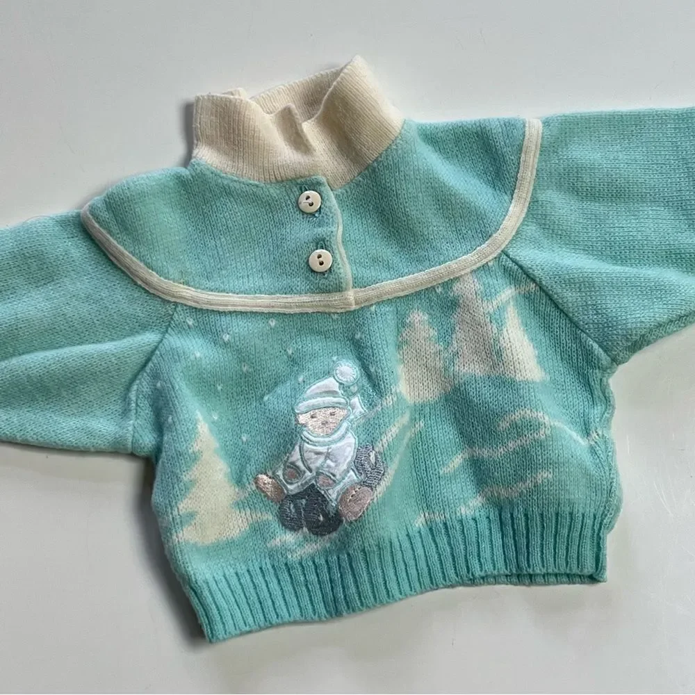 Rad Vintage 1980s Retro Swiss Teddy Bear Sled Apres Ski Twofer Collared Sweater